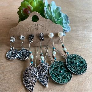 6 pairs silver bohemian earrings stud and hanging